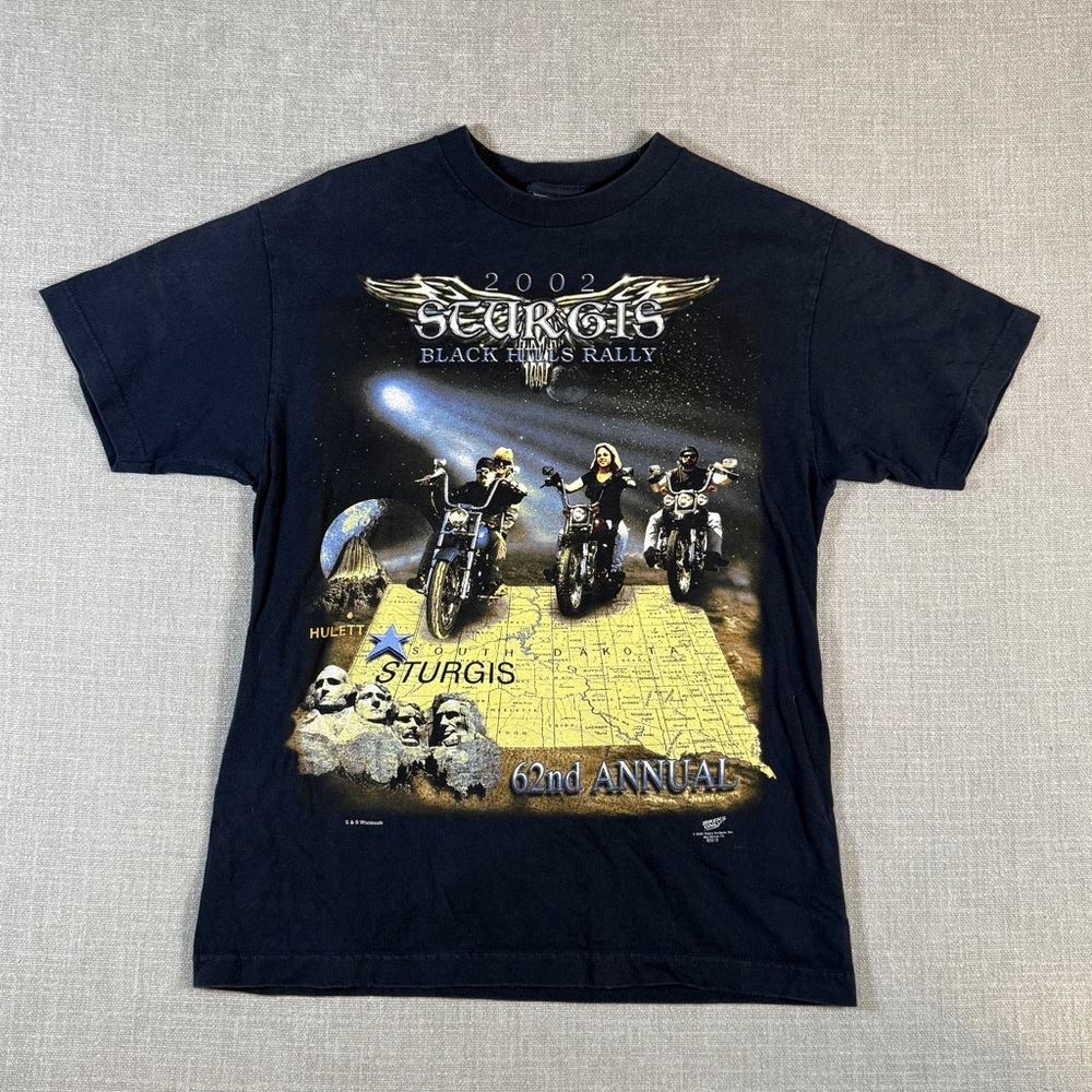 Vintage 2002 Sturgis Black Hills Rally T-Shirt Eagle Motorcycle Map Mt. Rushmore